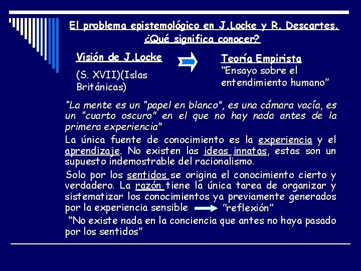 El problema epistemológico en J. Locke y R. Descartes. ¿Qué significa conocer? Visión de