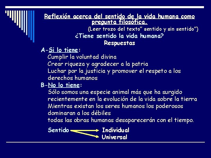 Reflexión acerca del sentido de la vida humana como pregunta filosófica. (Leer trozo del