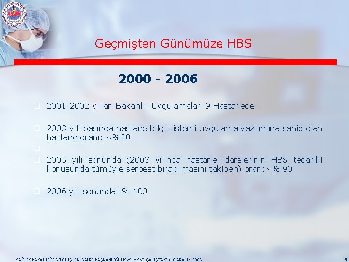 Geçmişten Günümüze HBS 2000 - 2006 q 2001 -2002 yılları Bakanlık Uygulamaları 9 Hastanede…