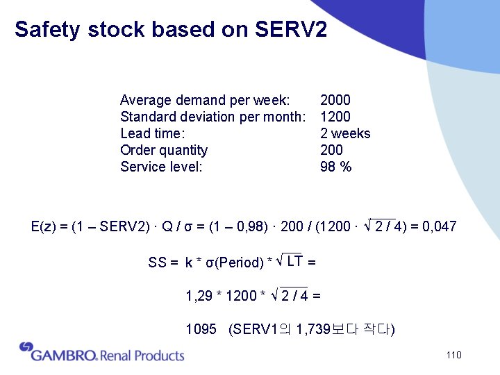 Safety stock based on SERV 2 Average demand per week: Standard deviation per month: