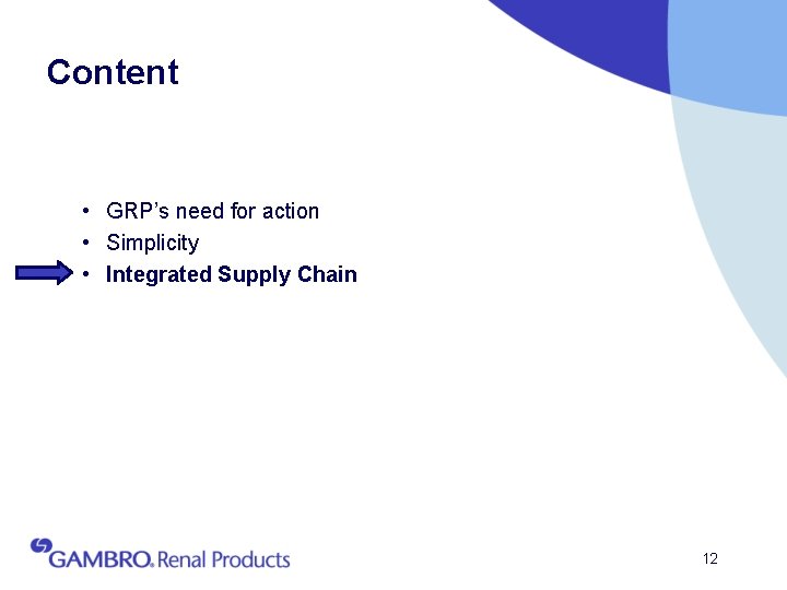 Content • GRP’s need for action • Simplicity • Integrated Supply Chain 12 
