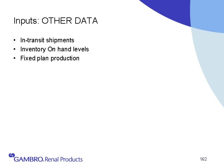 Inputs: OTHER DATA • In-transit shipments • Inventory On hand levels • Fixed plan