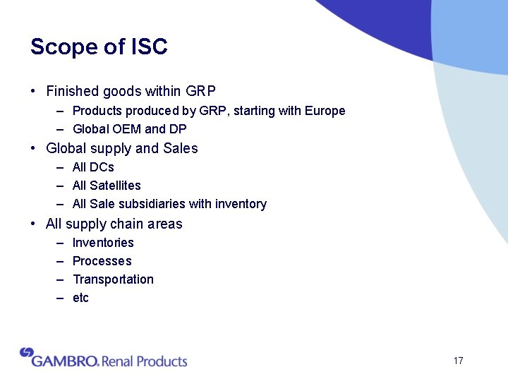 Scope of ISC • Finished goods within GRP – Products produced by GRP, starting