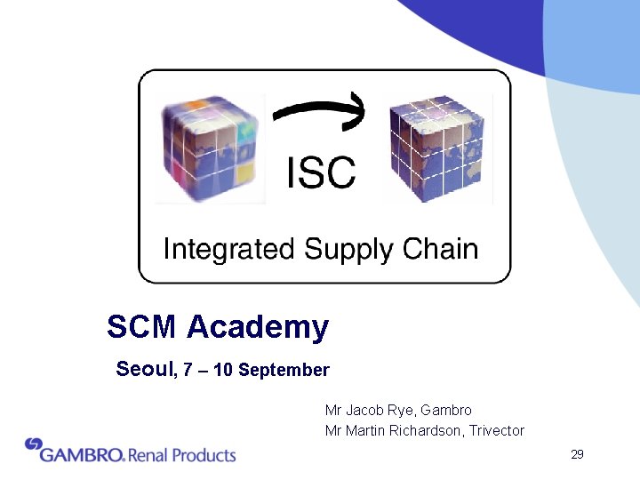 SCM Academy Seoul, 7 – 10 September Mr Jacob Rye, Gambro Mr Martin Richardson,