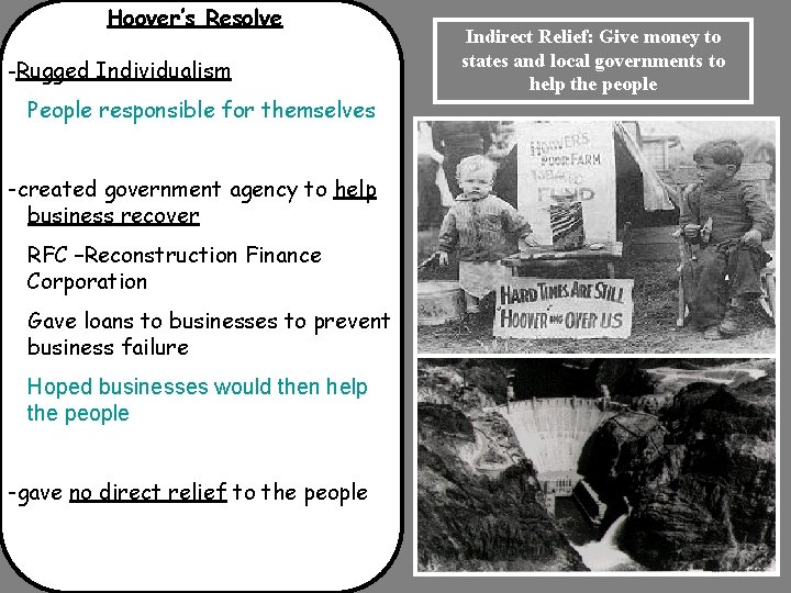 Hoover’s Resolve -Rugged Individualism People responsible for themselves -created government agency to help business