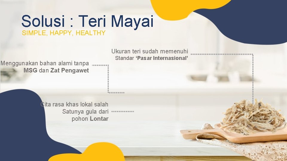 Solusi : Teri Mayai SIMPLE, HAPPY, HEALTHY Ukuran teri sudah memenuhi Menggunakan bahan alami