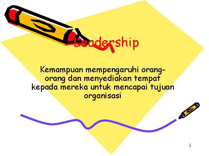 Leadership Kemampuan mempengaruhi orang dan menyediakan tempat kepada mereka untuk mencapai tujuan organisasi 3