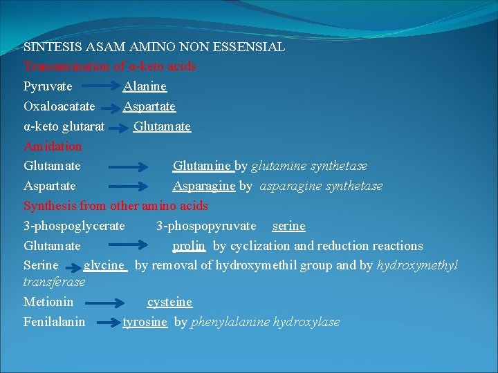 SINTESIS ASAM AMINO NON ESSENSIAL Transamination of α-keto acids Pyruvate Alanine Oxaloacatate Aspartate α-keto