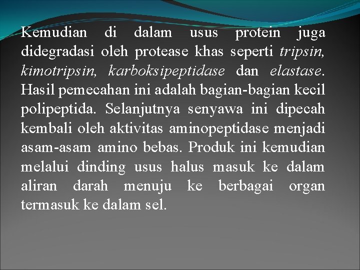 Kemudian di dalam usus protein juga didegradasi oleh protease khas seperti tripsin, kimotripsin, karboksipeptidase