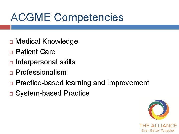 ACGME Competencies Medical Knowledge Patient Care Interpersonal skills Professionalism Practice-based learning and Improvement System-based ACGME Competencies Medical Knowledge Patient Care Interpersonal skills Professionalism Practice-based learning and Improvement System-based