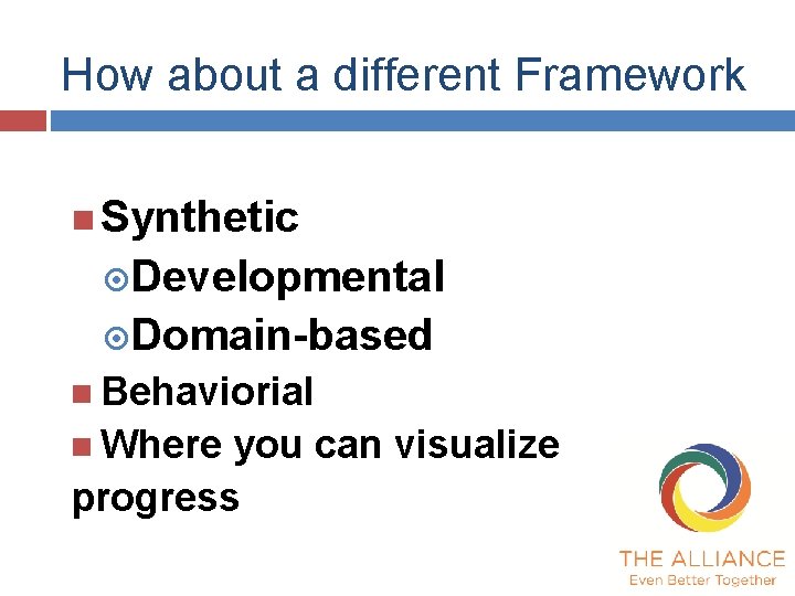 How about a different Framework Synthetic Developmental Domain-based Behaviorial Where you can visualize progress