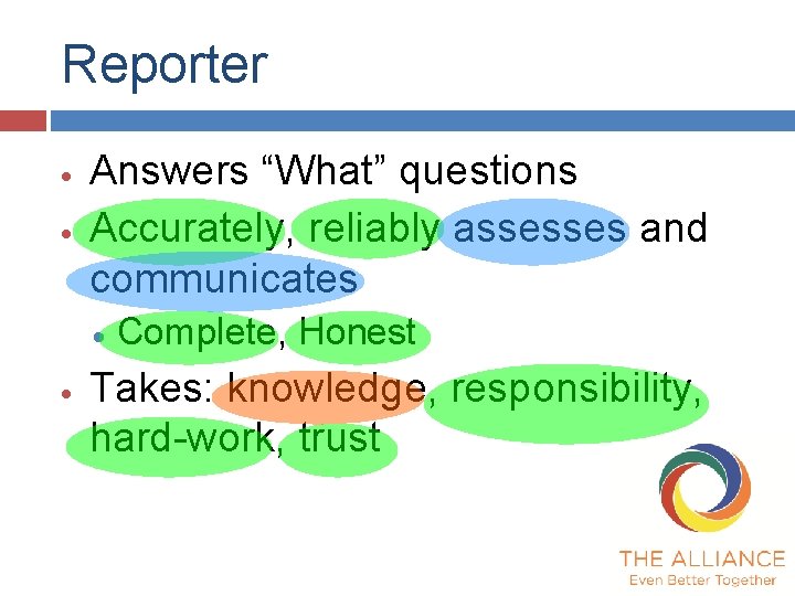 Reporter · · Answers “What” questions Accurately, reliably assesses and communicates · · Complete,