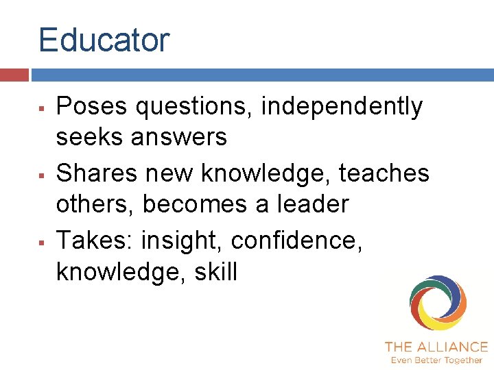 Educator § § § Poses questions, independently seeks answers Shares new knowledge, teaches others, Educator § § § Poses questions, independently seeks answers Shares new knowledge, teaches others,