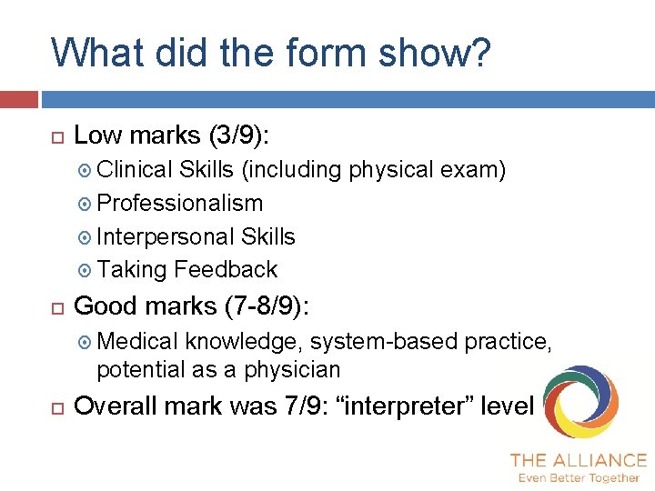 What did the form show? Low marks (3/9): Clinical Skills (including physical exam) Professionalism