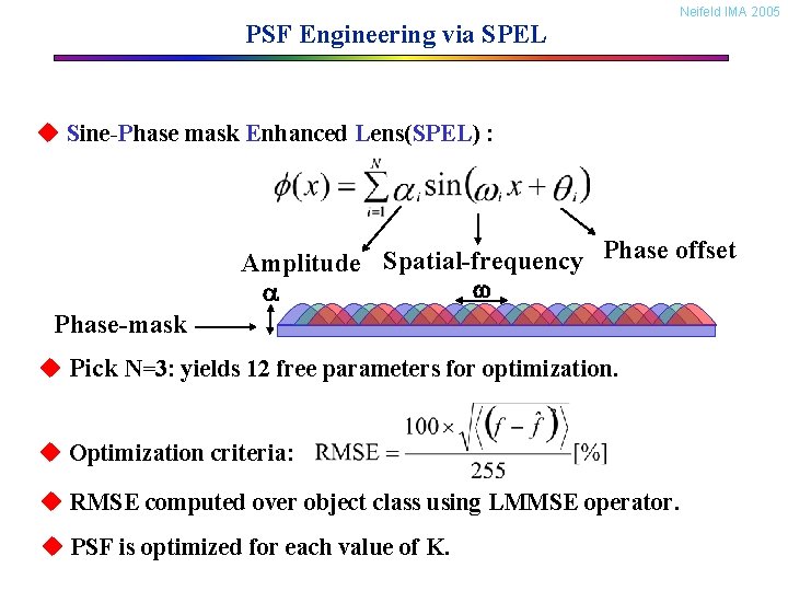 PSF Engineering via SPEL Neifeld IMA 2005 u Sine-Phase mask Enhanced Lens(SPEL) : Phase