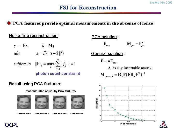 FSI for Reconstruction Neifeld IMA 2005 u PCA features provide optimal measurements in the