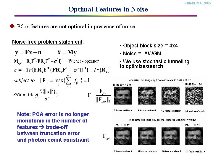 Optimal Features in Noise Neifeld IMA 2005 u PCA features are not optimal in