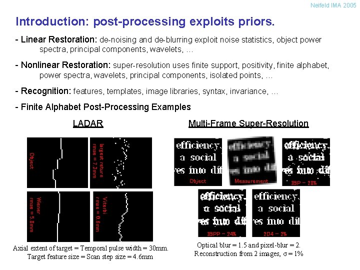 Neifeld IMA 2005 Introduction: post-processing exploits priors. - Linear Restoration: de-noising and de-blurring exploit