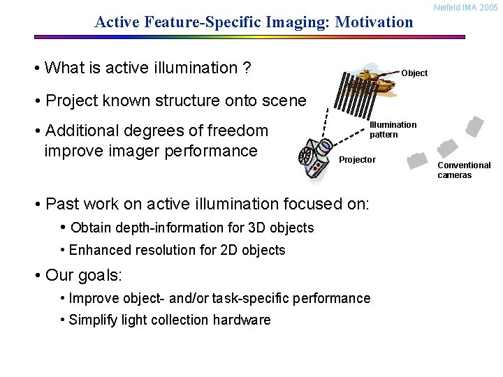 Active Feature-Specific Imaging: Motivation • What is active illumination ? Neifeld IMA 2005 Object