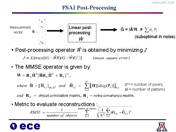 Neifeld IMA 2005 FSAI Post-Processing Measurement vector Linear postprocessing Ŵ Ĝ=ŴR ≠ (suboptimal in