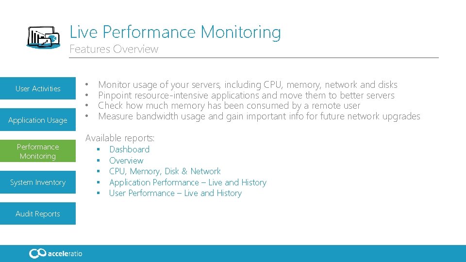Live Performance Monitoring Features Overview User Activities Application Usage Performance Monitoring System Inventory Audit