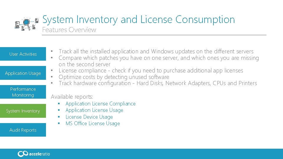 System Inventory and License Consumption Features Overview User Activities Application Usage Performance Monitoring System