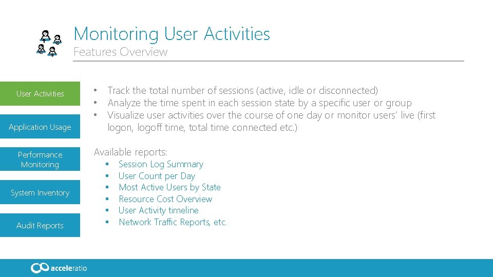 Monitoring User Activities Features Overview User Activities Application Usage Performance Monitoring System Inventory Audit