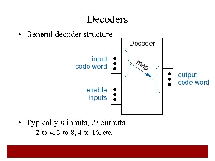 Decoders • General decoder structure • Typically n inputs, 2 n outputs – 2