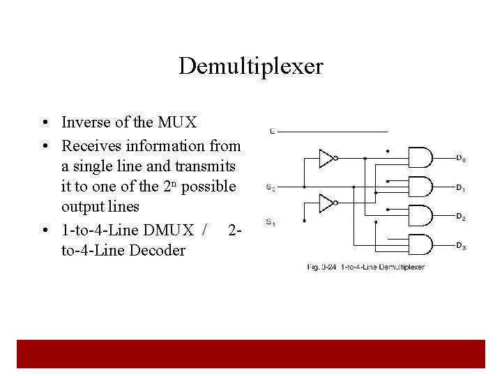 Demultiplexer • Inverse of the MUX • Receives information from a single line and
