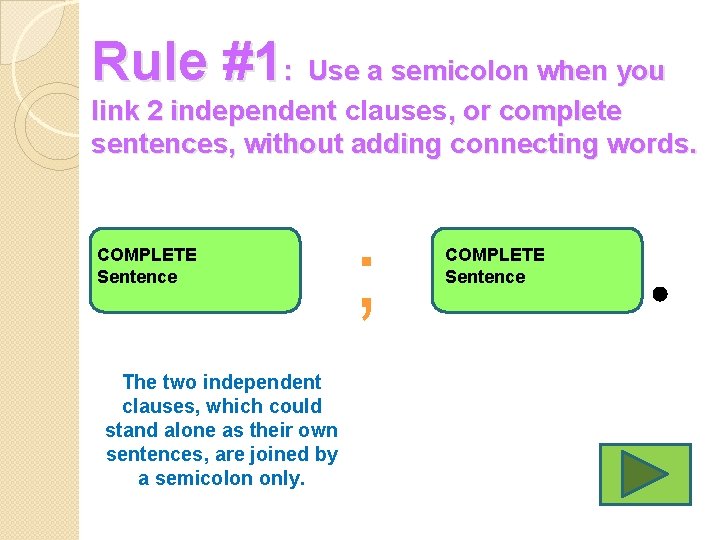 Rule #1: Use a semicolon when you link 2 independent clauses, or complete sentences,