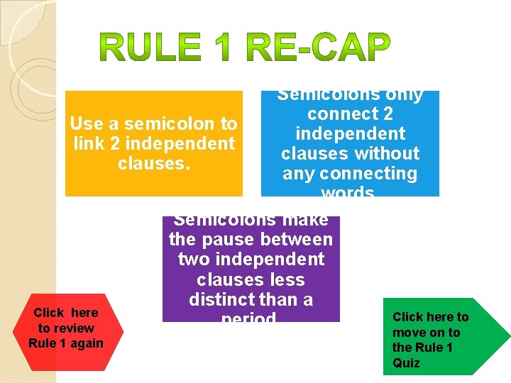 Semicolons only connect 2 Use a semicolon to independent link 2 independent clauses without