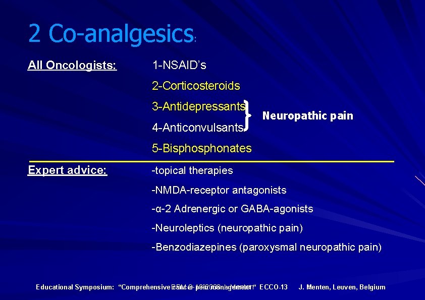 2 Co-analgesics All Oncologists: : 1 -NSAID’s 2 -Corticosteroids 3 -Antidepressants 4 -Anticonvulsants Neuropathic