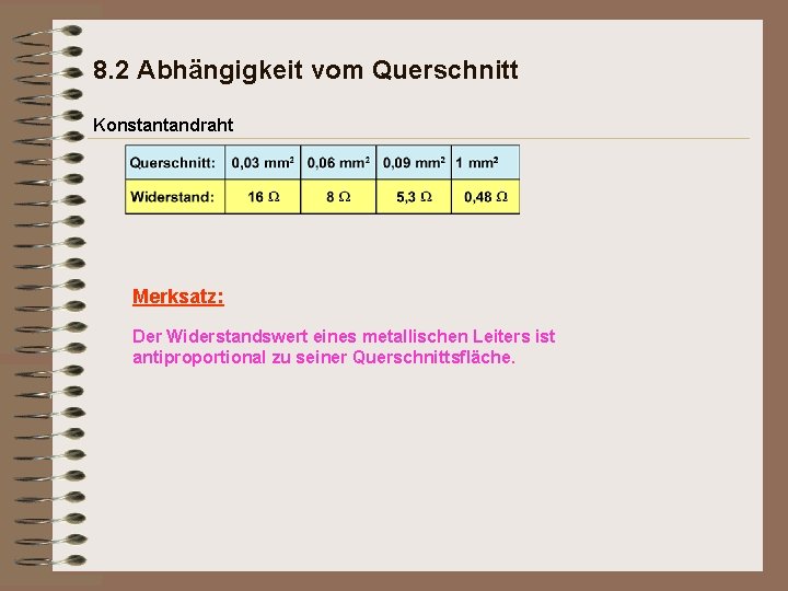 8. 2 Abhängigkeit vom Querschnitt Konstantandraht Merksatz: Der Widerstandswert eines metallischen Leiters ist antiproportional