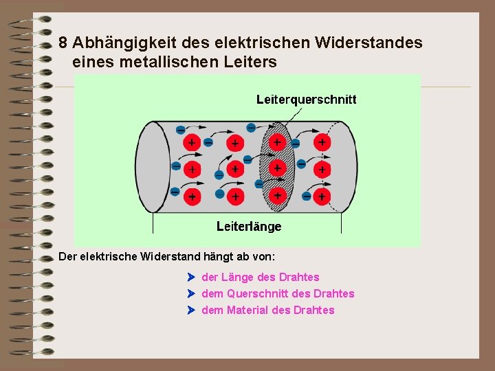 8 Abhängigkeit des elektrischen Widerstandes eines metallischen Leiters Der elektrische Widerstand hängt ab von: