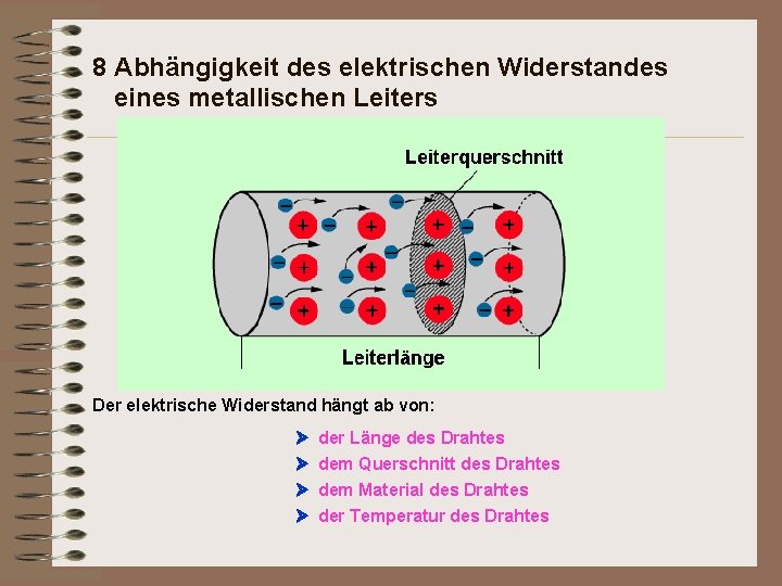8 Abhängigkeit des elektrischen Widerstandes eines metallischen Leiters Der elektrische Widerstand hängt ab von:
