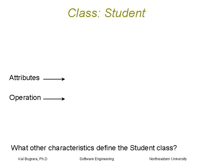 Class: Student Attributes Operation What other characteristics define the Student class? Kal Bugrara, Ph.