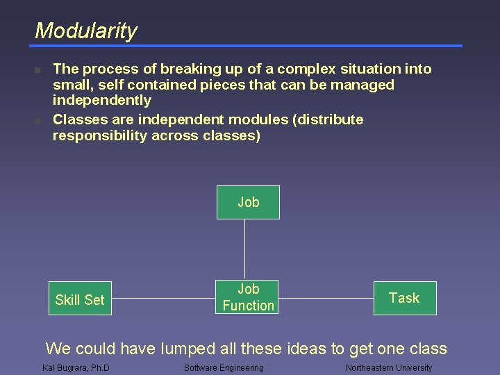 Modularity n n The process of breaking up of a complex situation into small,