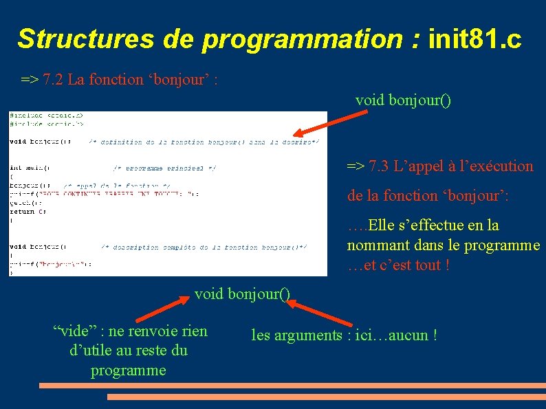 Structures de programmation : init 81. c => 7. 2 La fonction ‘bonjour’ :