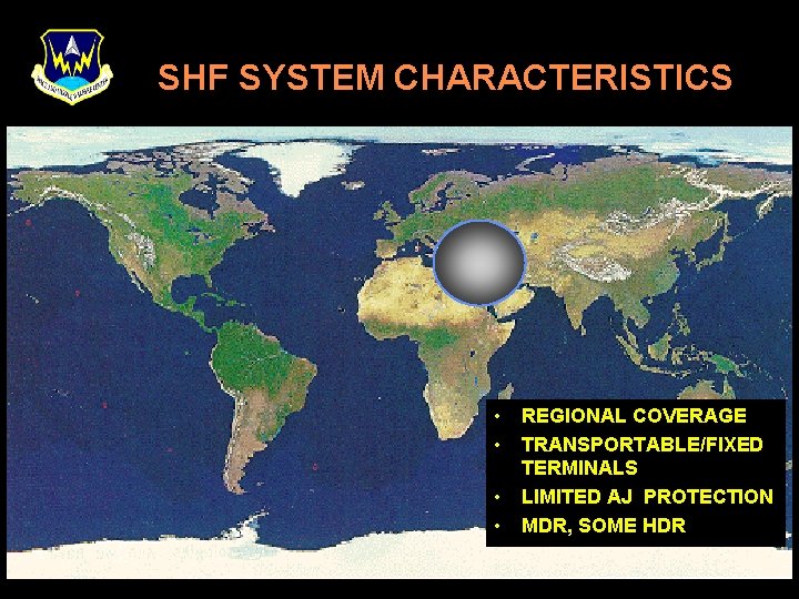 SHF SYSTEM CHARACTERISTICS • • REGIONAL COVERAGE TRANSPORTABLE/FIXED TERMINALS LIMITED AJ PROTECTION MDR, SOME