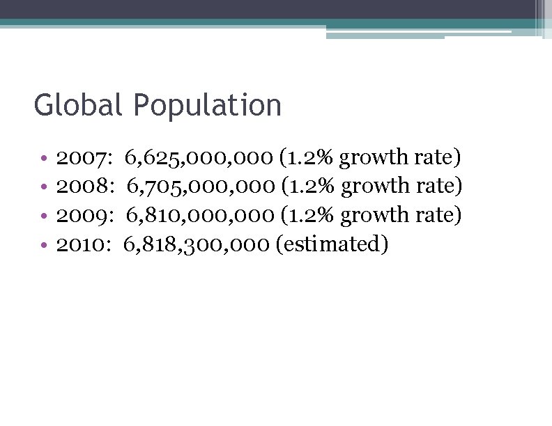 Global Population • 2007: • 2008: • 2009: • 2010: 6, 625, 000 (1.