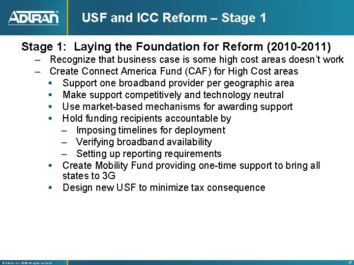 USF and ICC Reform – Stage 1: Laying the Foundation for Reform (2010 -2011)