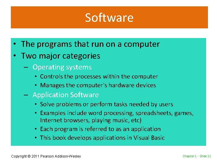 Software • The programs that run on a computer • Two major categories –