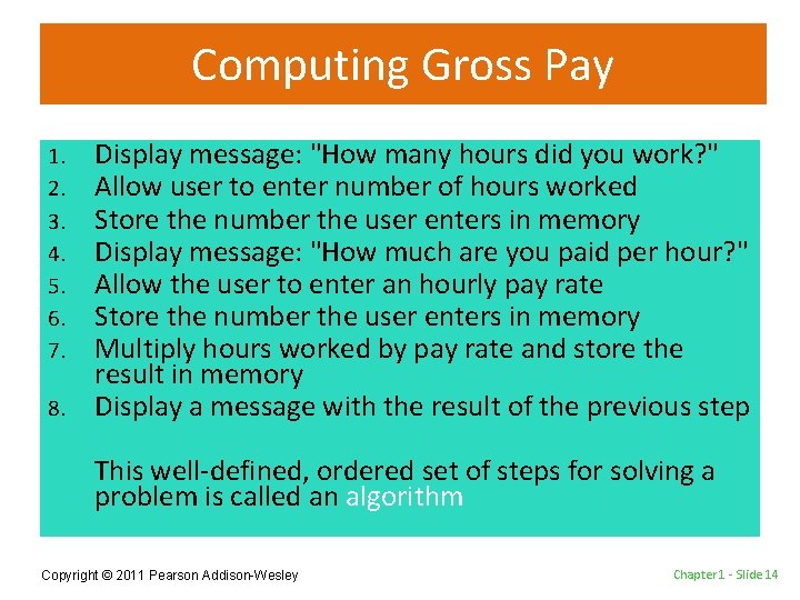 Computing Gross Pay 1. 2. 3. 4. 5. 6. 7. 8. Display message: "How