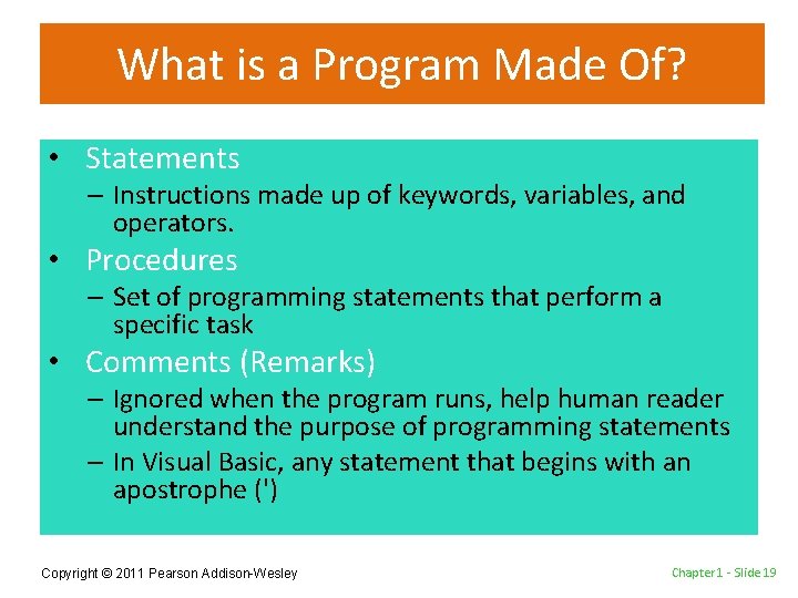 What is a Program Made Of? • Statements – Instructions made up of keywords,