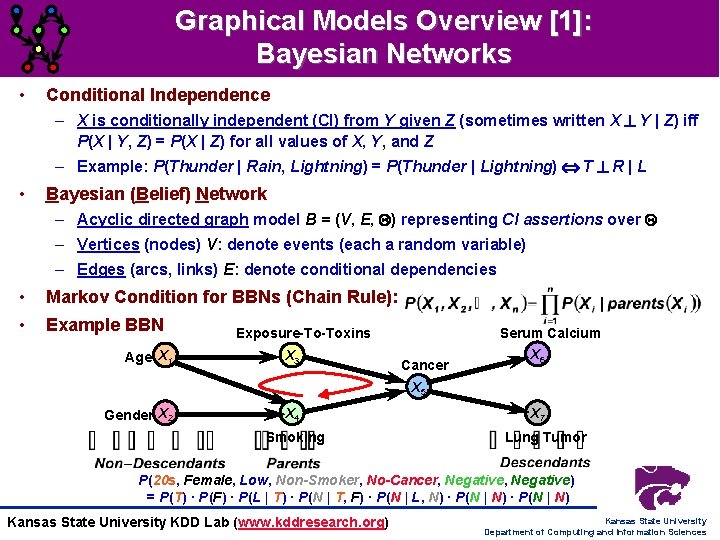 Graphical Models Overview [1]: Bayesian Networks • Conditional Independence – X is conditionally independent