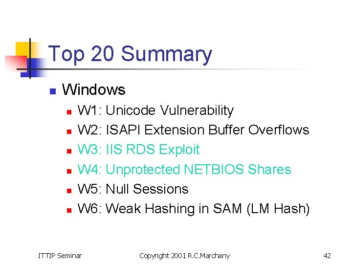 Top 20 Summary n Windows n n n W 1: Unicode Vulnerability W 2:
