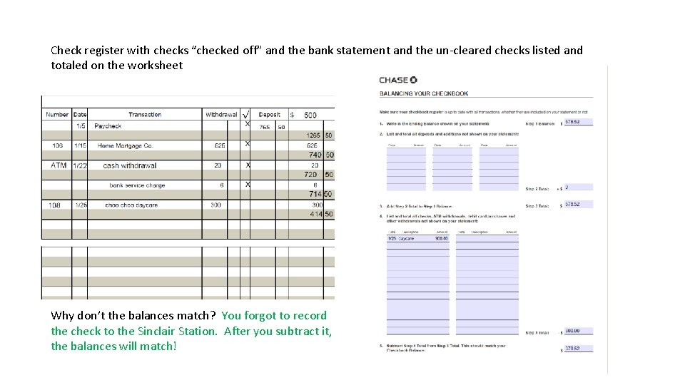 Check register with checks “checked off” and the bank statement and the un-cleared checks