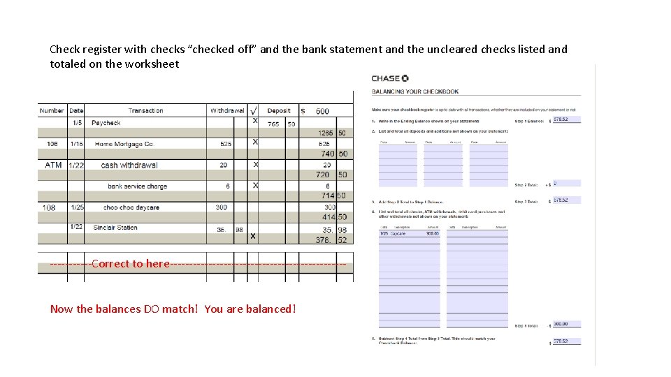 Check register with checks “checked off” and the bank statement and the uncleared checks