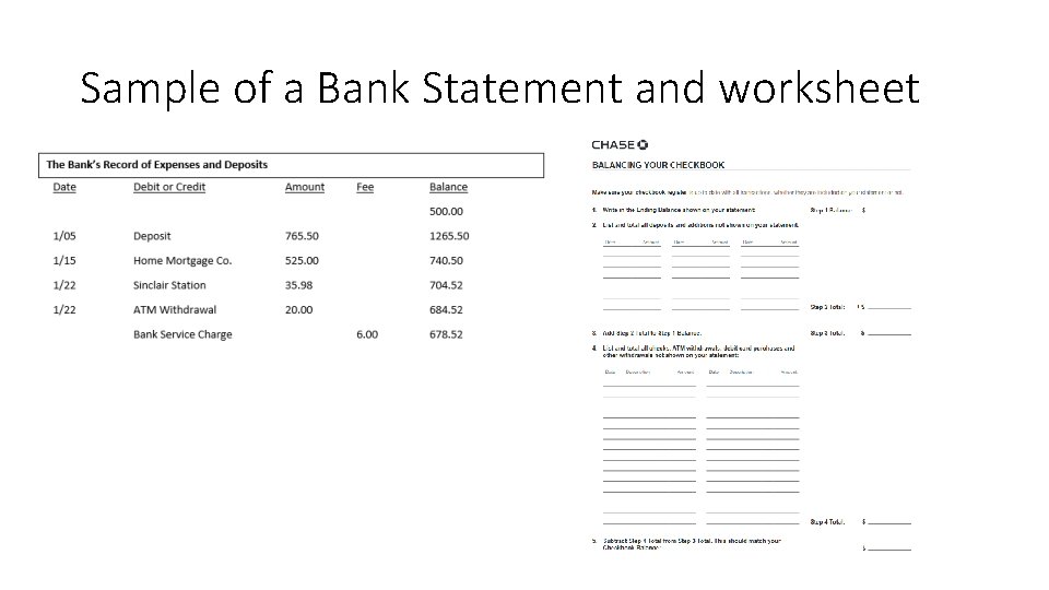 Sample of a Bank Statement and worksheet 