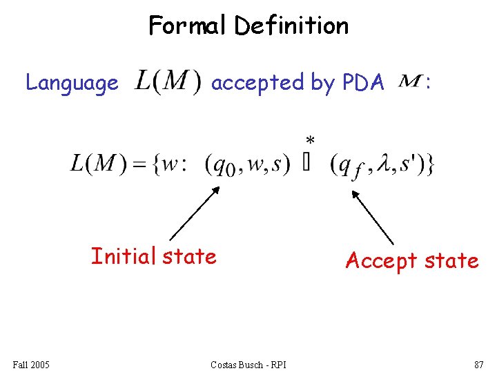 Formal Definition Language accepted by PDA Initial state Fall 2005 Costas Busch - RPI